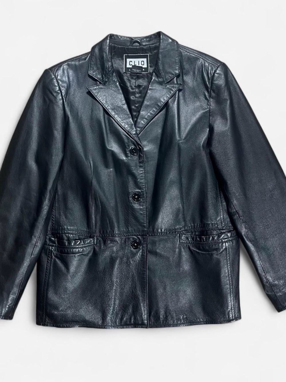 Clio Black Vegan Leather Blazer Jacket with Notch Lapel